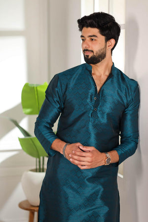 Mens Turquoise Woven Art Silk Kurta Set (ACA7382)