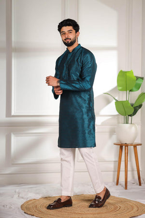 Mens Turquoise Woven Art Silk Kurta Set (ACA7382)