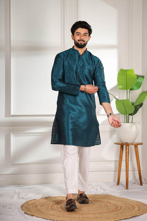 Mens Turquoise Woven Art Silk Kurta Set (ACA7382)
