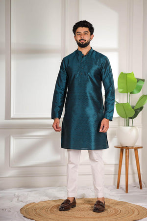 Mens Turquoise Woven Art Silk Kurta Set (ACA7382)
