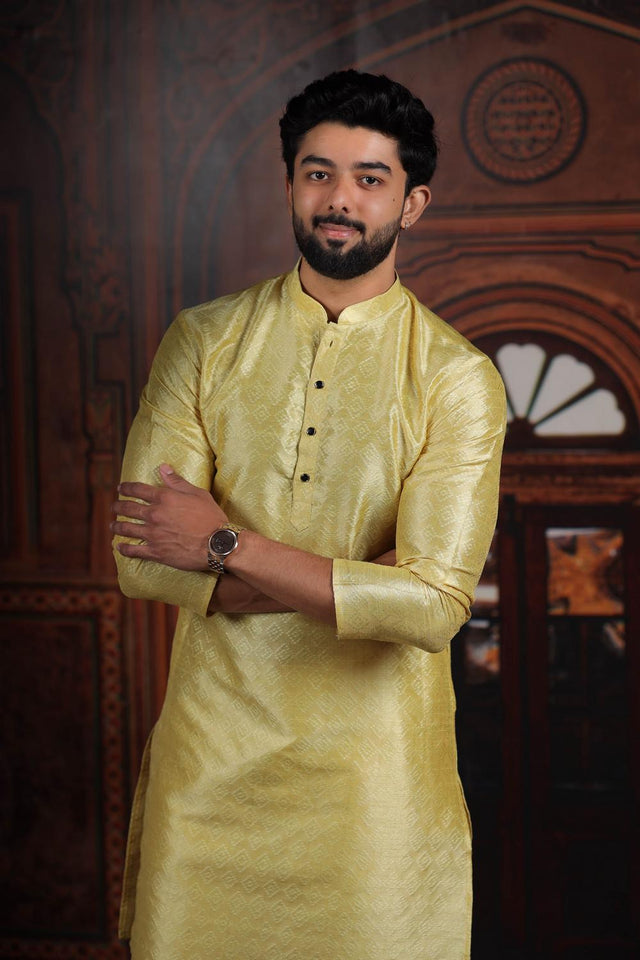 Mens Yellow Woven Art Silk Kurta Set (ACA7383)