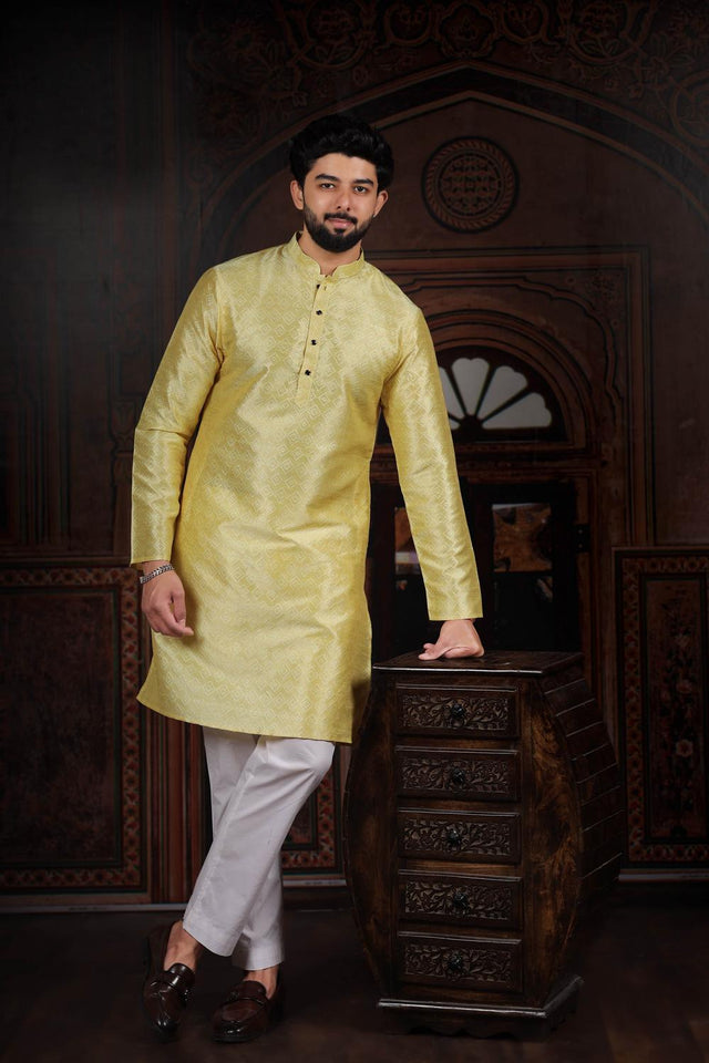 Mens Yellow Woven Art Silk Kurta Set (ACA7383)
