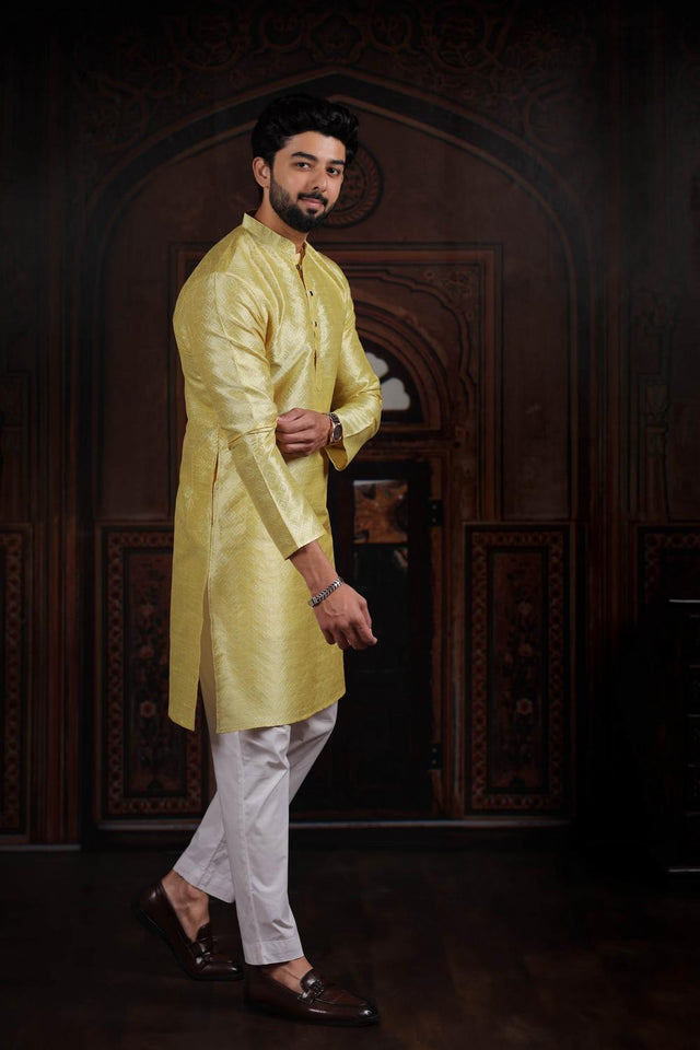 Mens Yellow Woven Art Silk Kurta Set (ACA7383)