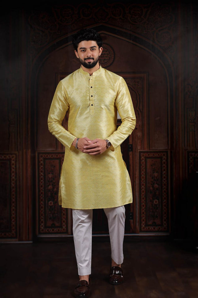 Mens Yellow Woven Art Silk Kurta Set (ACA7383)