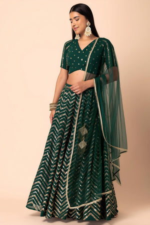 Green Sequin Georgette Lehenga (ACA7386)