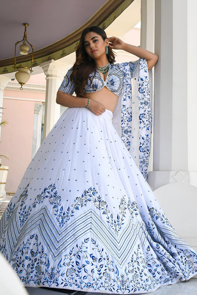White Embroidered Satin Lehenga (ACA7389)