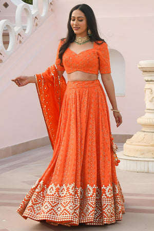 Orange Embroidered Georgette Lehenga (ACA7390)