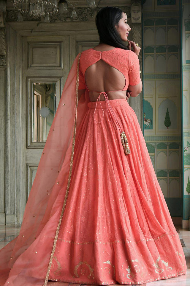 Peach Sequin with Embroidered Georgette Lehenga (ACA7392)