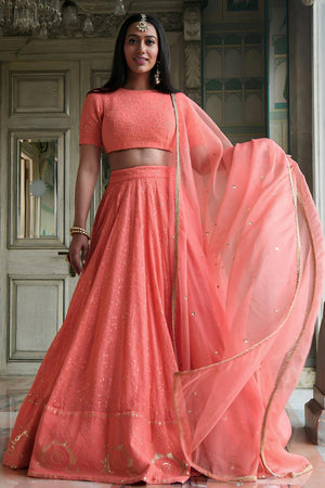 Peach Sequin with Embroidered Georgette Lehenga (ACA7392)