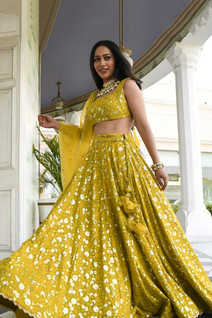 Olive Green Floral Embroidered Georgette Lehenga (ACA7393)