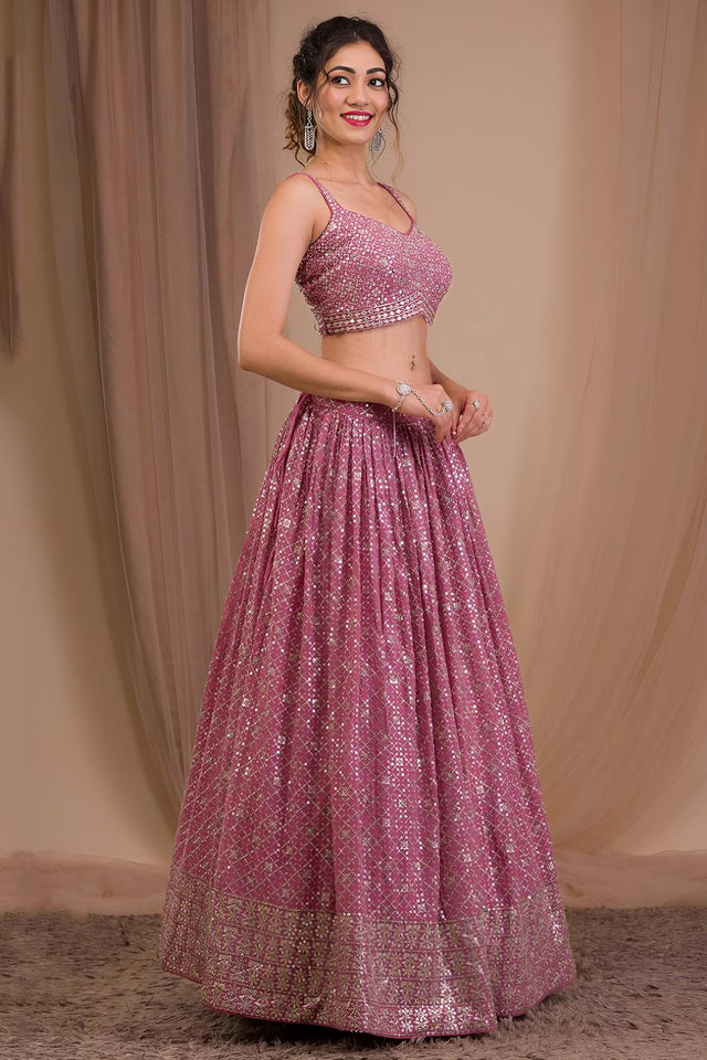 Pink Sequin with Embroidered Georgette Lehenga (ACA7394)