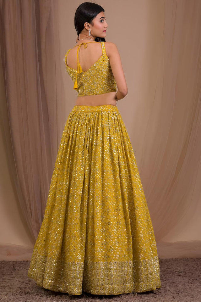 Mustard Sequin with Embroidered Georgette Lehenga (ACA7396)