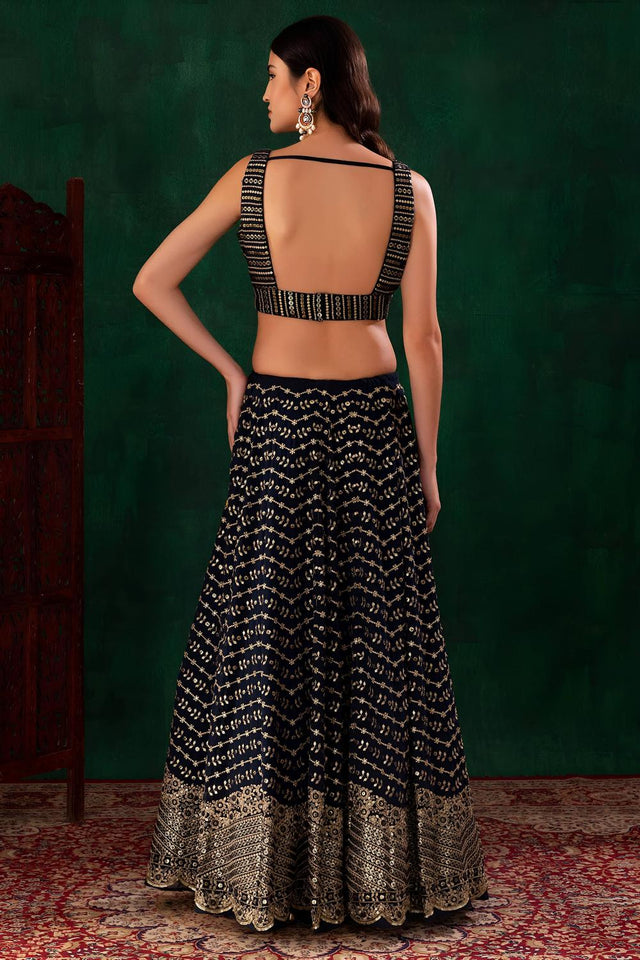 Blue Floral Embroidered Georgette Lehenga (ACA7397)