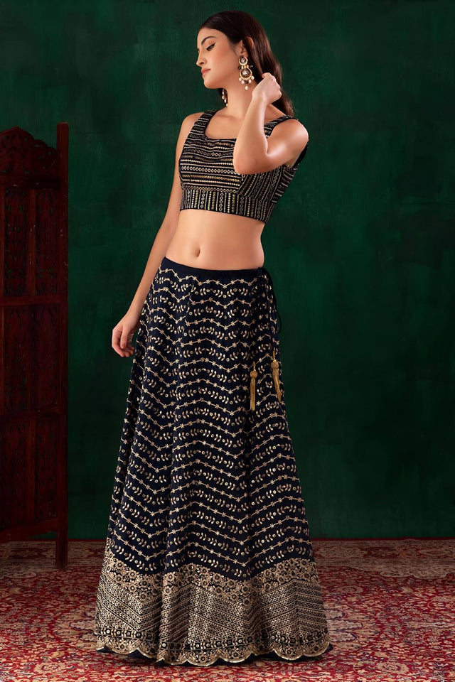 Blue Floral Embroidered Georgette Lehenga (ACA7397)