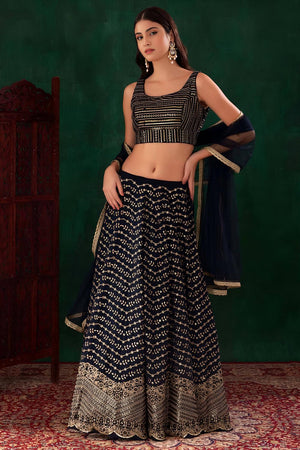 Blue Floral Embroidered Georgette Lehenga (ACA7397)