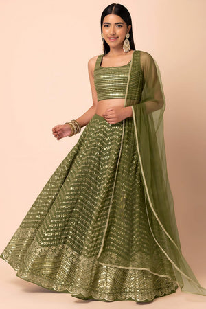 Green Floral Embroidered Georgette Lehenga (ACA7398)