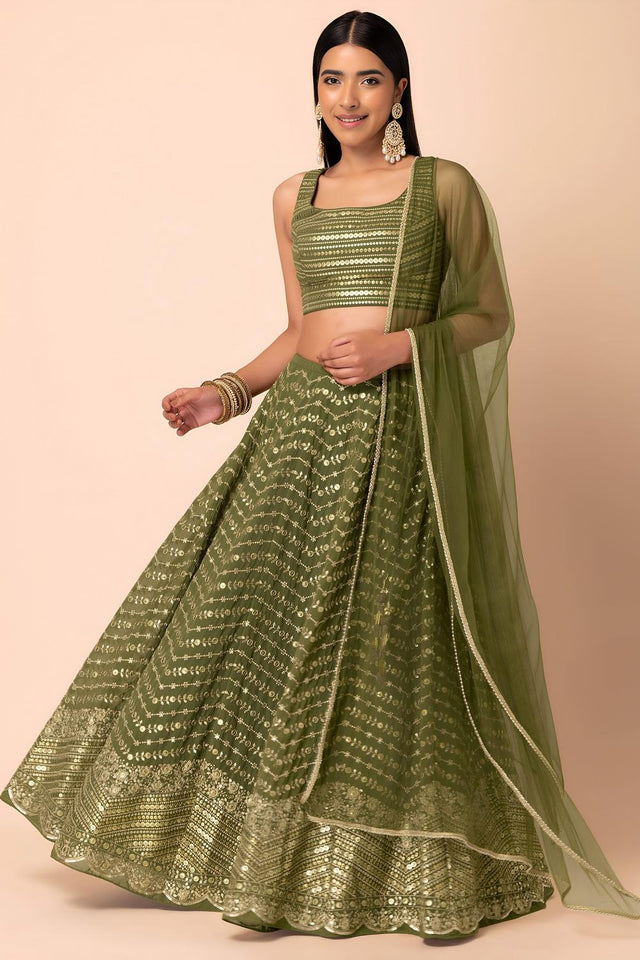 Green Floral Embroidered Georgette Lehenga (ACA7398)