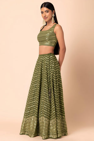 Green Floral Embroidered Georgette Lehenga (ACA7398)