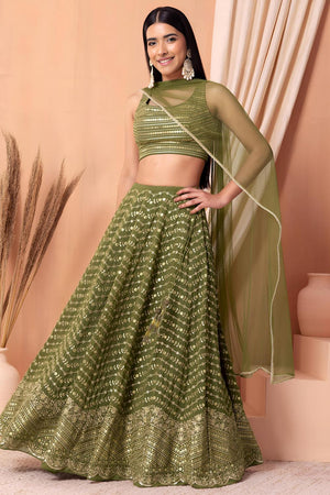 Green Floral Embroidered Georgette Lehenga (ACA7398)