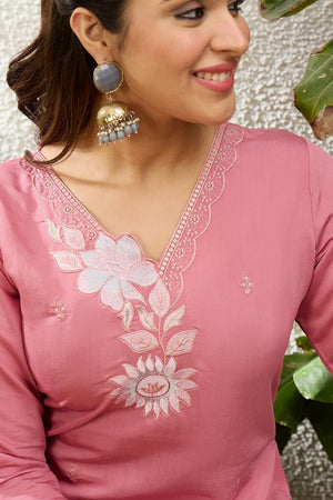 Light Pink Floral Embroidered Silk Blend Long Kurti (ACA7399)
