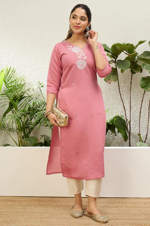 Light Pink Floral Embroidered Silk Blend Long Kurti (ACA7399)