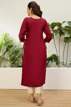 Red Floral Embroidered Silk Blend Long Kurti (ACA7400)