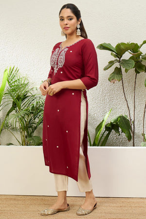 Red Floral Embroidered Silk Blend Long Kurti (ACA7400)