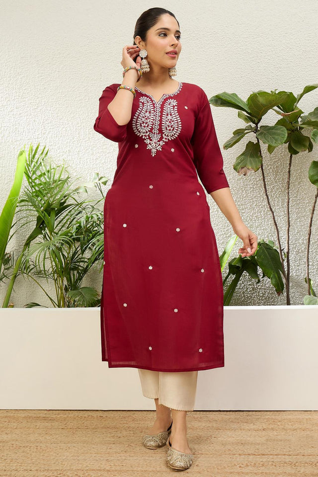 Red Floral Embroidered Silk Blend Long Kurti (ACA7400)