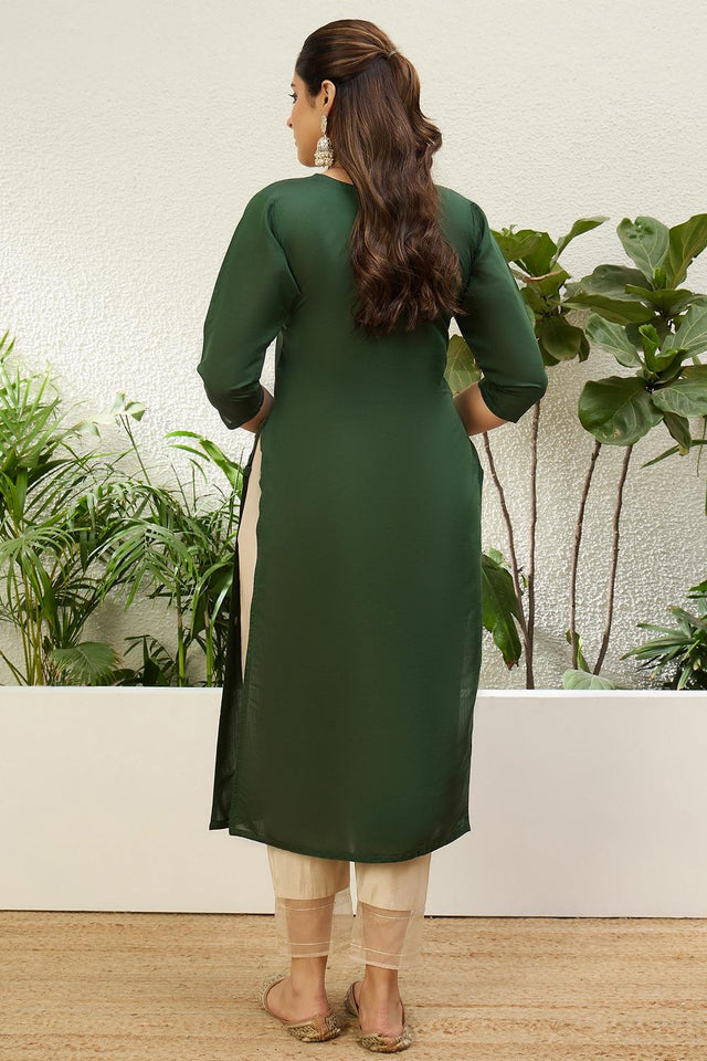Green Floral Embroidered Silk Blend Long Kurti (ACA7401)