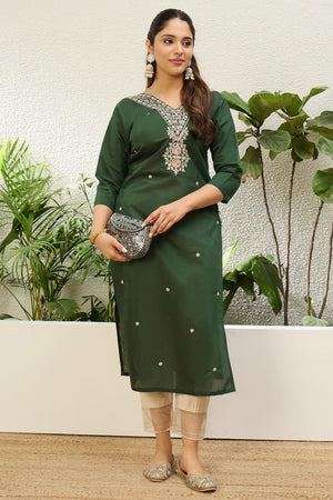 Green Floral Embroidered Silk Blend Long Kurti (ACA7401)