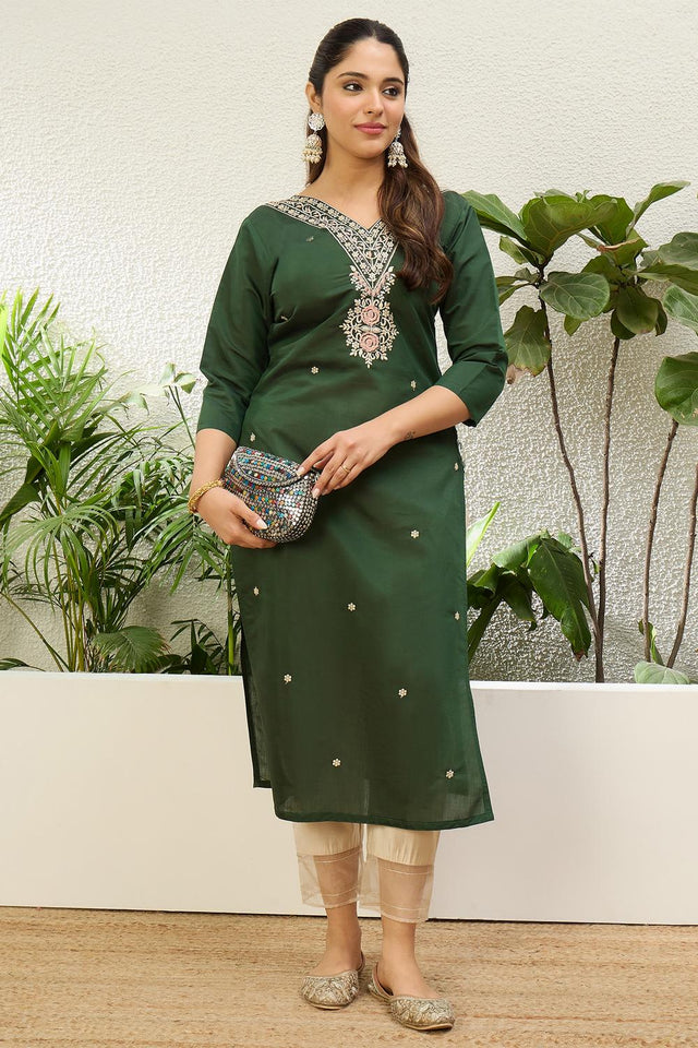 Green Floral Embroidered Silk Blend Long Kurti (ACA7401)