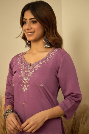 Lavender Floral Embroidered Silk Blend Long Kurti (ACA7402)