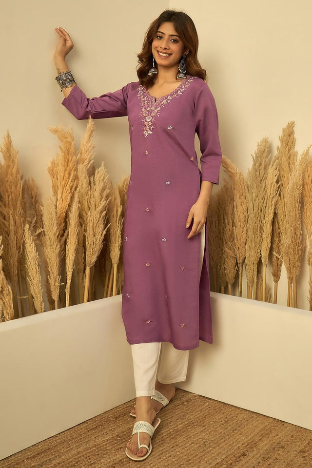 Lavender Floral Embroidered Silk Blend Long Kurti (ACA7402)