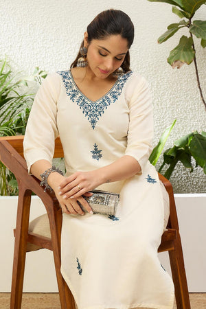 Off White Floral Embroidered Silk Blend Long Kurti (ACA7403)