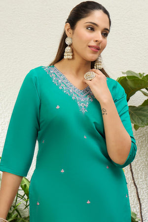Turquoise Floral Embroidered Silk Blend Long Kurti (ACA7404)