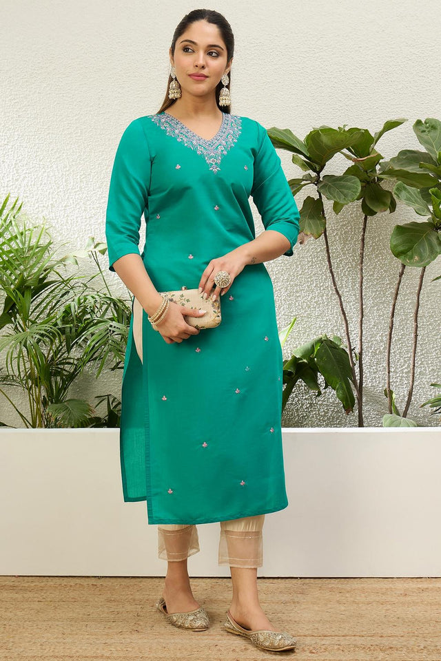 Turquoise Floral Embroidered Silk Blend Long Kurti (ACA7404)