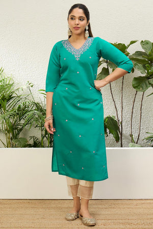 Turquoise Floral Embroidered Silk Blend Long Kurti (ACA7404)