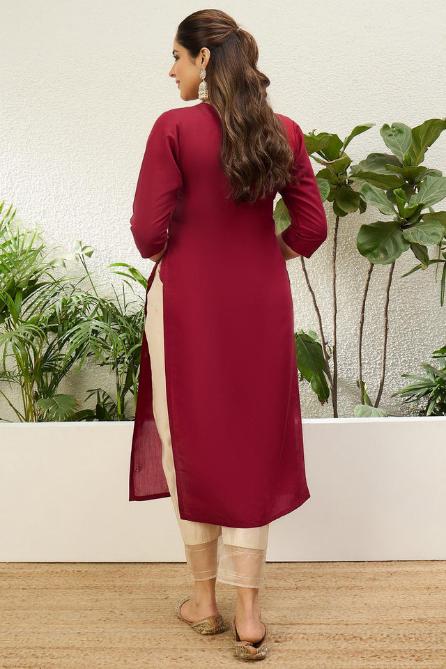 Red Floral Embroidered Silk Blend Long Kurti (ACA7405)