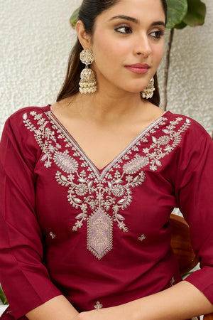 Red Floral Embroidered Silk Blend Long Kurti (ACA7405)