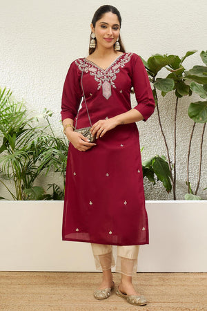Red Floral Embroidered Silk Blend Long Kurti (ACA7405)