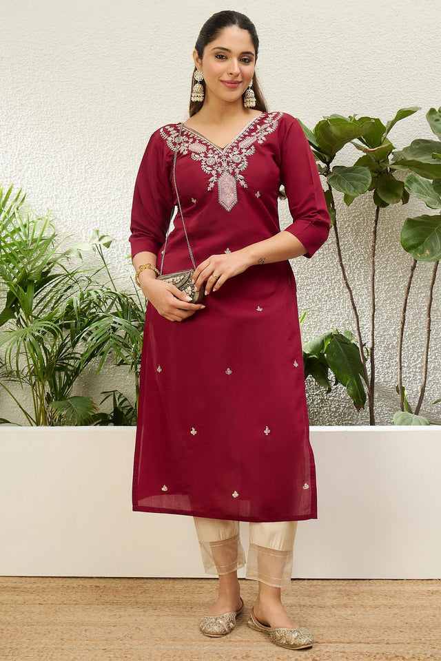 Red Floral Embroidered Silk Blend Long Kurti (ACA7405)