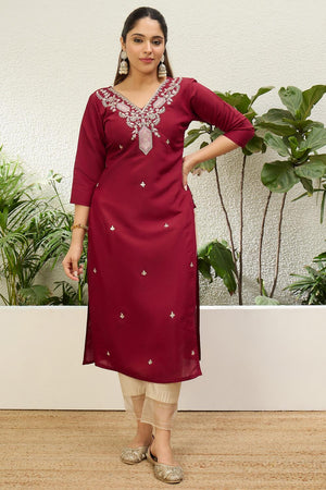 Red Floral Embroidered Silk Blend Long Kurti (ACA7405)