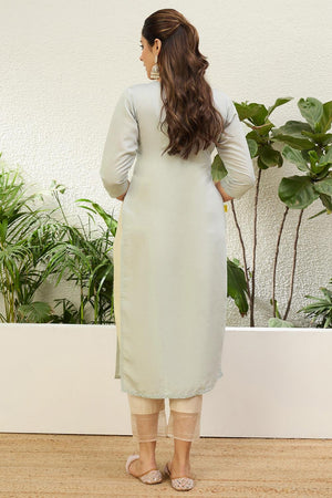 Grey Floral Embroidered Silk Blend Long Kurti (ACA7406)