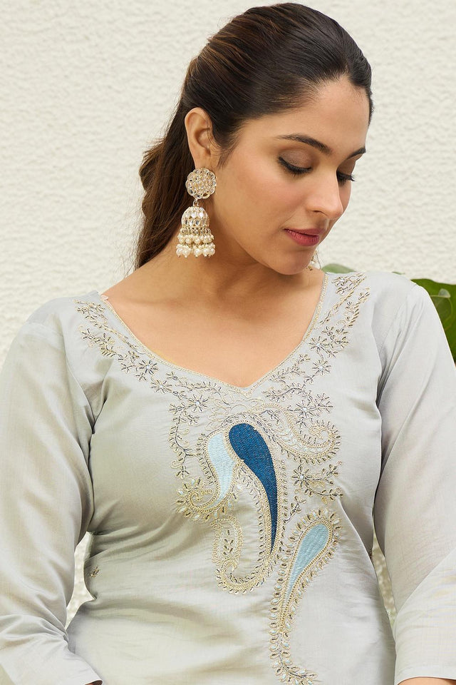 Grey Floral Embroidered Silk Blend Long Kurti (ACA7406)