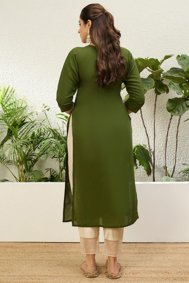 Mehendi Floral Embroidered Silk Blend Long Kurti (ACA7407)
