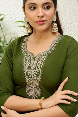 Mehendi Floral Embroidered Silk Blend Long Kurti (ACA7407)