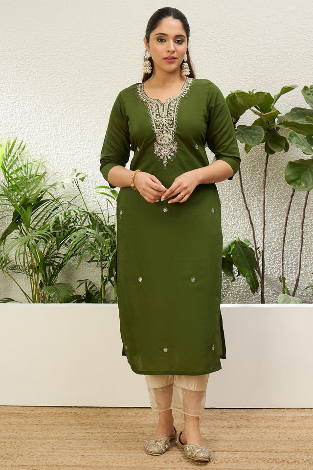 Mehendi Floral Embroidered Silk Blend Long Kurti (ACA7407)