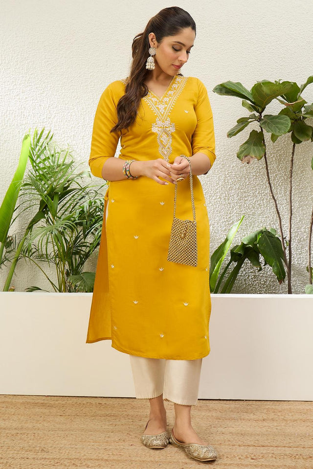 Yellow Floral Embroidered Silk Blend Long Kurti (ACA7408)