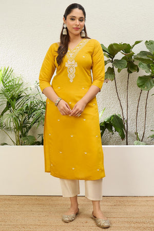 Yellow Floral Embroidered Silk Blend Long Kurti (ACA7408)