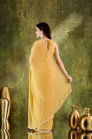 Yellow Solid With Lace Border Silk Blend Ready to Wear Saree (ACA7409)